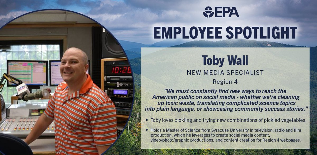 EPA's tweet image. ⭐ EPA Employee Spotlight ⭐
Meet Toby Wall, a New Media Specialist in @EPARegion4!
Toby's role at EPA consists of creating social media content and video productions for Region 4's Office of Public Affairs. Toby leans on his previous experience in creativity and…