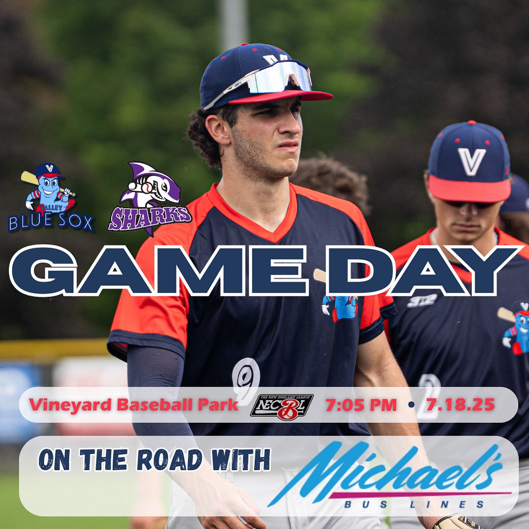 ITS BLUE SOX BASEBALL FROM THE VINEYARD. The Blue Sox head to the Shark Tank tonight for a battle with the Sharks.
-
🆚 <a href="/MV_Sharks/">Martha’s Vineyard Sharks!</a> 
📍 Vineyard Baseball Park
⏰ 7:05 PM
📺 NECBL Network
📲 Valley Blue Sox on X
-
#gobluesox #necbl