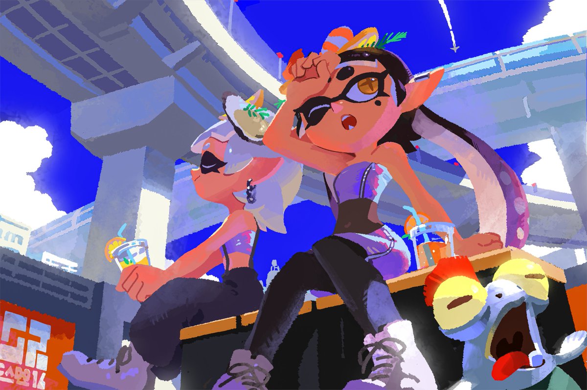 SplatoonNA's tweet image. Summer greetings to everyone from the Squid Research Lab!
We hope you're staying cool and hydrated through this sweltering summer heat, we recommend a hat and a water bottle. Or a parasol and sparkling water if you're feeling fancy.
Enjoy your summer battles!
