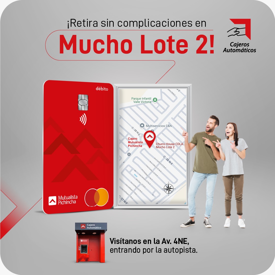 💸✨ ¡Tu dinero está a la vuelta de la esquina en el norte de Guayaquil!

📍💰Retira efectivo cuando quieras de manera rápida y segura.

Encuentra nuestro cajero automático en 𝗖𝗮𝗹𝗹𝗲 𝟮𝟴 𝗡-𝗘 𝘆 𝗔𝘃. 𝟰 𝗡𝗘, 𝘀𝗲𝗰𝘁𝗼𝗿 𝗠𝘂𝗰𝗵𝗼 𝗟𝗼𝘁𝗲 𝟮 ¡tu dinero está siempre