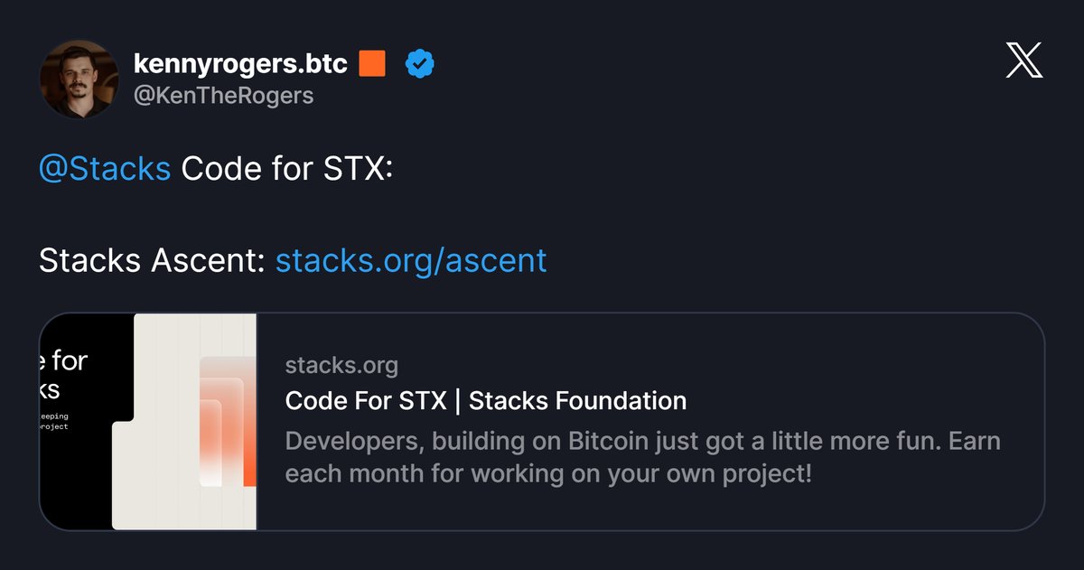 StacksDevs's tweet image. Two doors. One mission.
🟧 Code for STX → get rewarded to ship.
🟧 Stacks Ascent → get backed to build.
Whether you’re building solo or scaling up
there’s a path for you in the Stacks ecosystem.