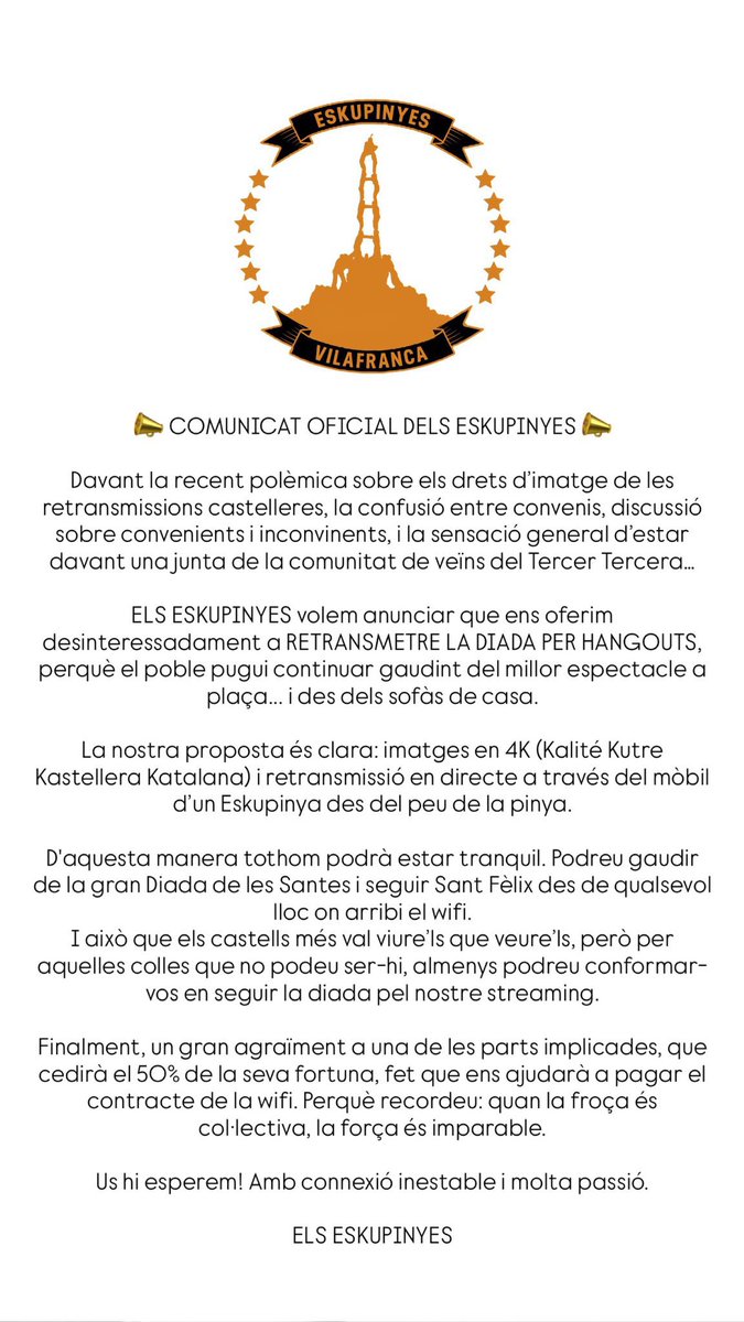 Comunicat en relació als drets d'imatge de les retransmissions castelleres.

#castellers
#castells