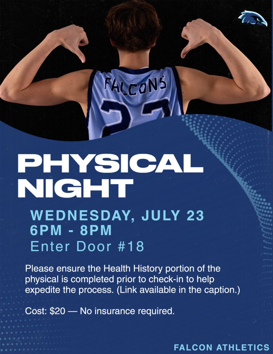 PMFalconSports's tweet image. PHYSICAL NIGHT
📅 July 23
⏰ 6–8 PM
🚪 Enter Door #18
💲 Cost: $20 – No insurance required.
🔗drive.google.com/file/d/1lrX9RD…