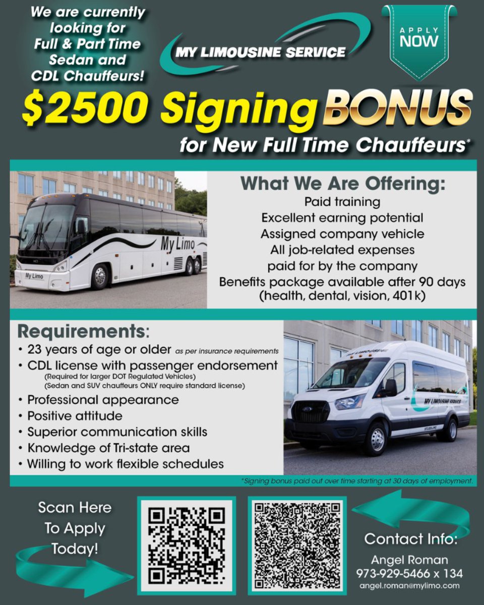 My Limo is hiring Full-Time and Part-Time Sedan and CDL Chauffeurs! 🚘

Join our team and earn a $2,500 sign-on bonus for full-time positions.

Ready to take the wheel? Apply today!

#MyLimo #HiringNow #ChauffeursNeeded #SigningBonus #TakeTheJourney