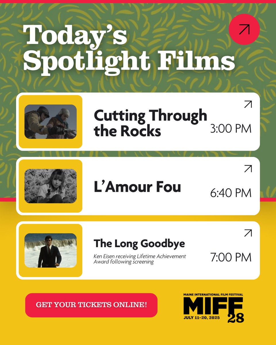 mainefilmcenter's tweet image. Love, legacy, and rebellion take the screen with today's @MIFFMaine films.
Cutting Through the Rocks—3pm
L’Amour Fou—6:40pm
The Long Goodbye + Lifetime Achievement Award to Ken Eisen—7pm
🎟 Tickets + schedule: bit.ly/4luzsVm
#MIFF28 #KenEisen #GlobalCinema #FilmFest
