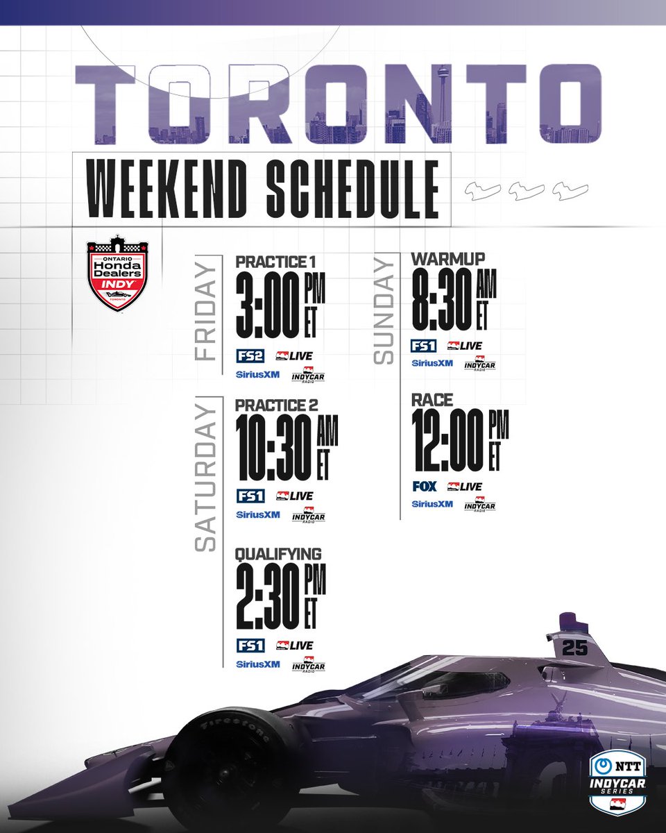detroitgp's tweet image. Check out the complete schedule for this weekend’s @INDYCAR race in Toronto. Make sure to watch live on @FOXsports this Sunday at 12 PM ET to see the best of the best battle it out on the TO streets!
@hondaindy
#DetroitGP // #WeDriveDetroit // #INDYTO