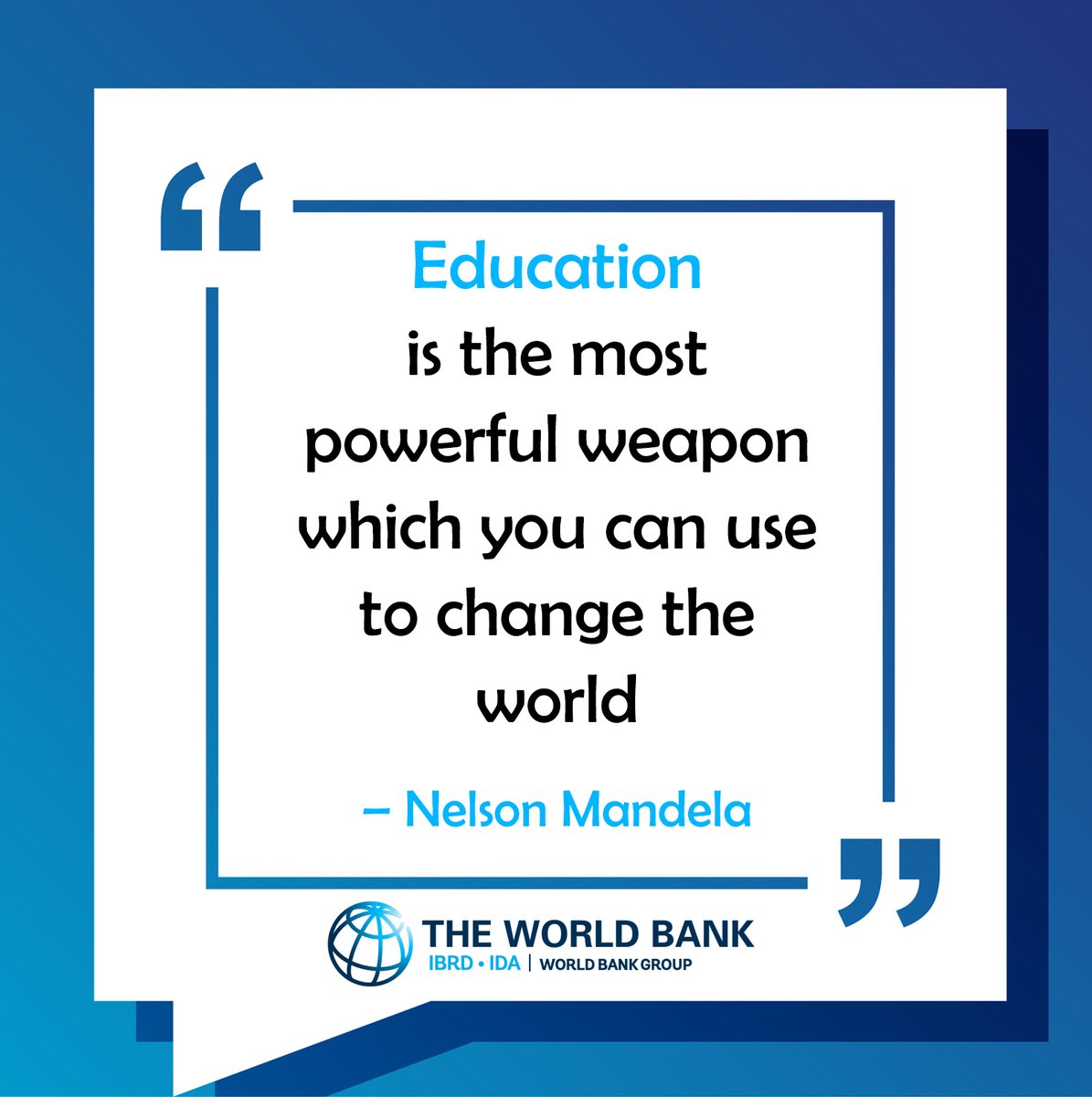 World Bank Education (@wbg_education) on Twitter photo Today marks #MandelaDay!
📚 Education offers children a ladder out of #poverty and a path to a promising future.
🔄Please repost and help us to promote <a href="/NelsonMandela/">NelsonMandela</a>’s famous quote!
#InvestInPeople Today marks #MandelaDay!
📚 Education offers children a ladder out of #poverty and a path to a promising future.
🔄Please repost and help us to promote <a href="/NelsonMandela/">NelsonMandela</a>’s famous quote!
#InvestInPeople