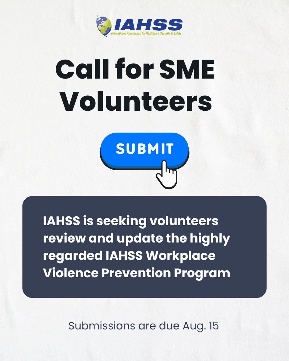 2025 Call for Volunteers - SMEs in Workplace Violence Prevention Education ▶️ buff.ly/8WcHMPl 
:
#WorkplaceViolence #ViolencePrevention #HealthcareSecurity #HealthcareSafety #Education #HealthcareEducation