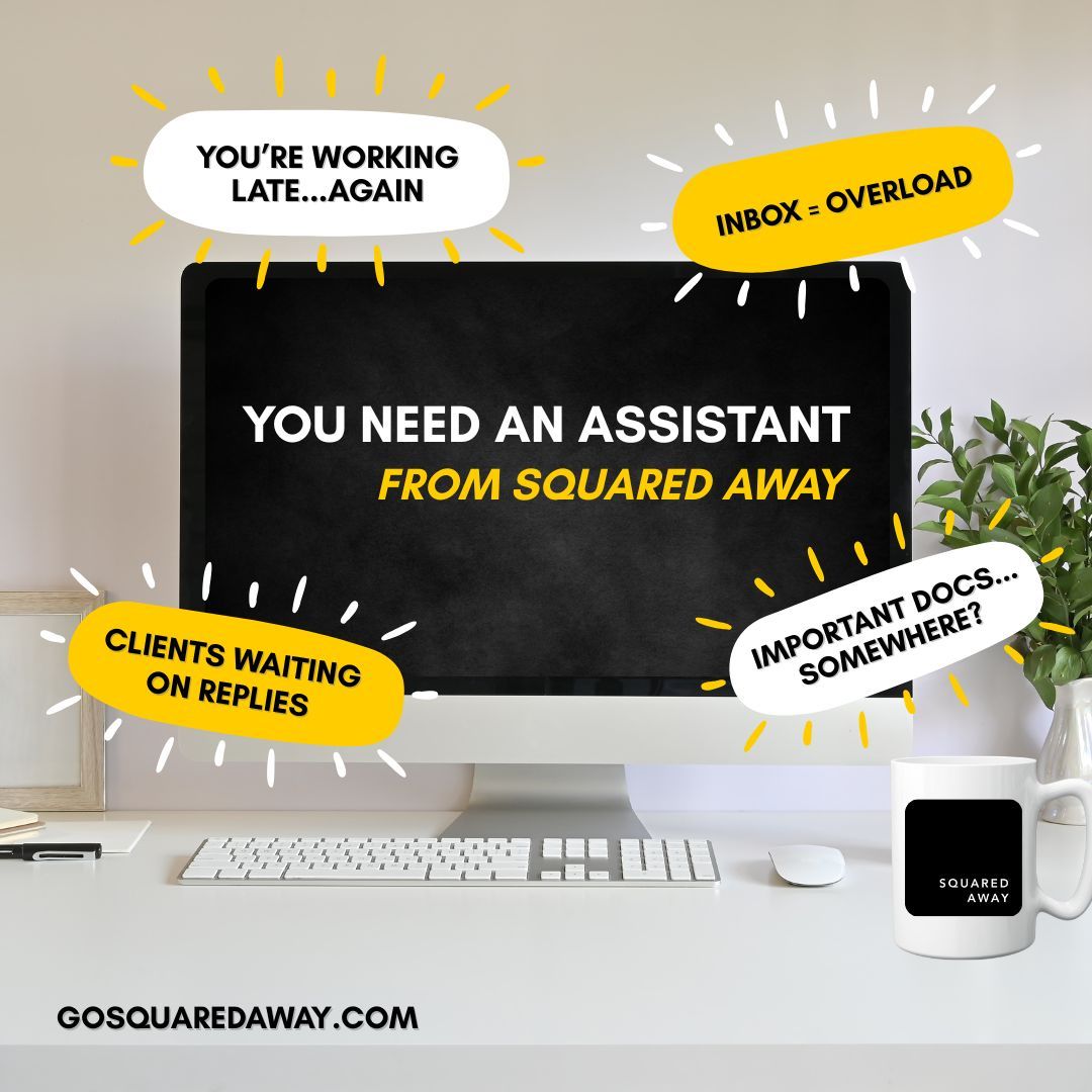 The sign that you need an assistant isn’t chaos.

It’s the subtle things:

- You keep pushing off projects you want to do
- Your inbox gives you anxiety
- You feel like if you stop, everything stops

At Squared Away, we specialize in lightening the load before it crushes you.
