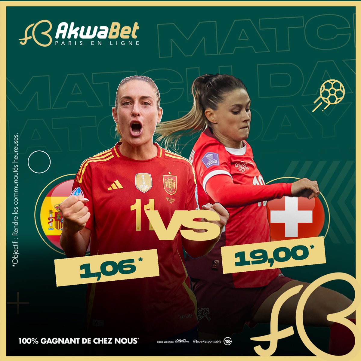 akwabetci's tweet image. 🔥⚔️ Espagne v Suisse, l&apos;affiche du jour à l&apos;EURO Féminin ! 

Ton prono ? 👀 

👉🏾 Rendez-vous sur notre site pour faire tes jeux 😎

🔞 Jouons responsable 

#Akwabet #WEURO2025 #SPASWI #100pour100Gagnant #JoueResponsable #ParieEtGagne #RoiDuPari