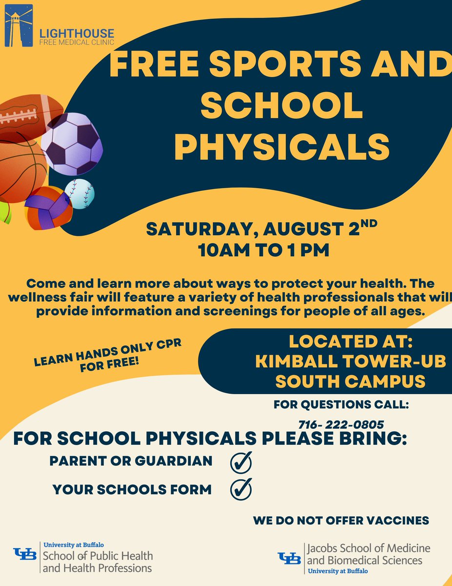 ubsphhp's tweet image. Free sports &amp;amp; school physicals will be provided by Lighthouse Free Medical Clinic, #UBSPHHP &amp;amp; Jacobs School of Medicine students from 10am–1pm on Sat., Aug. 2, &amp;amp; in Kimball Tower, at UB&apos;s South Campus. Parking is available on campus or the NFTA Metro Bus &amp;amp; Rail.