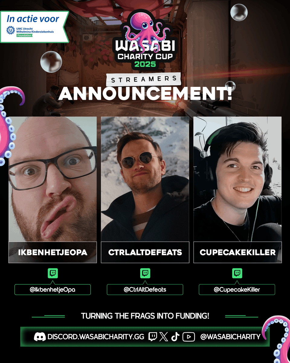 WasabiCharity's tweet photo. These three streamers are diving head-first into the Wasabi Charity Cup. They’ll be part of wild matches, unpredictable rewards, and hilarious moments — all to help the Wilhelmina Children’s Hospital! @ikbenhetjeOpa @ctrlaltdefeats @cupecakekiller https://t.co/xLYci6wirs