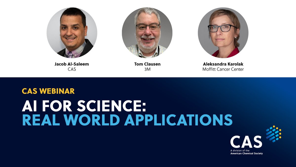 CASChemistry's tweet image. Missed our AI trends webinar with experts from @3M, @MoffittNews, and CAS? Watch the recording to hear what the professionals think about how AI will impact science. ow.ly/mxan50WpRNs