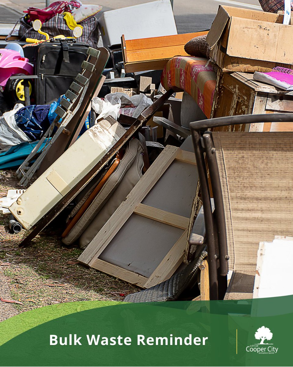 Reminder: Bulk waste is scheduled to be picked up throughout Cooper City from July 21 - 26. For a collection map &amp; schedule, please visit: ow.ly/US5W50WrN6q.

For bulk waste collection guidelines, please visit: ow.ly/pgVc50WrN6p.
