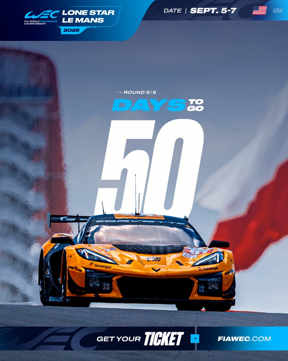 FIAWEC's tweet image. 5️⃣0️⃣ days until the Lone Star Le Mans 🌟
Round 6 of the 2025 FIA World Endurance Championship will be kicking off at @COTA on the 6th & 7th September.
Will you be there?
🎟️ bit.ly/6H-COTA-Tickets
#WEC #6HCOTA