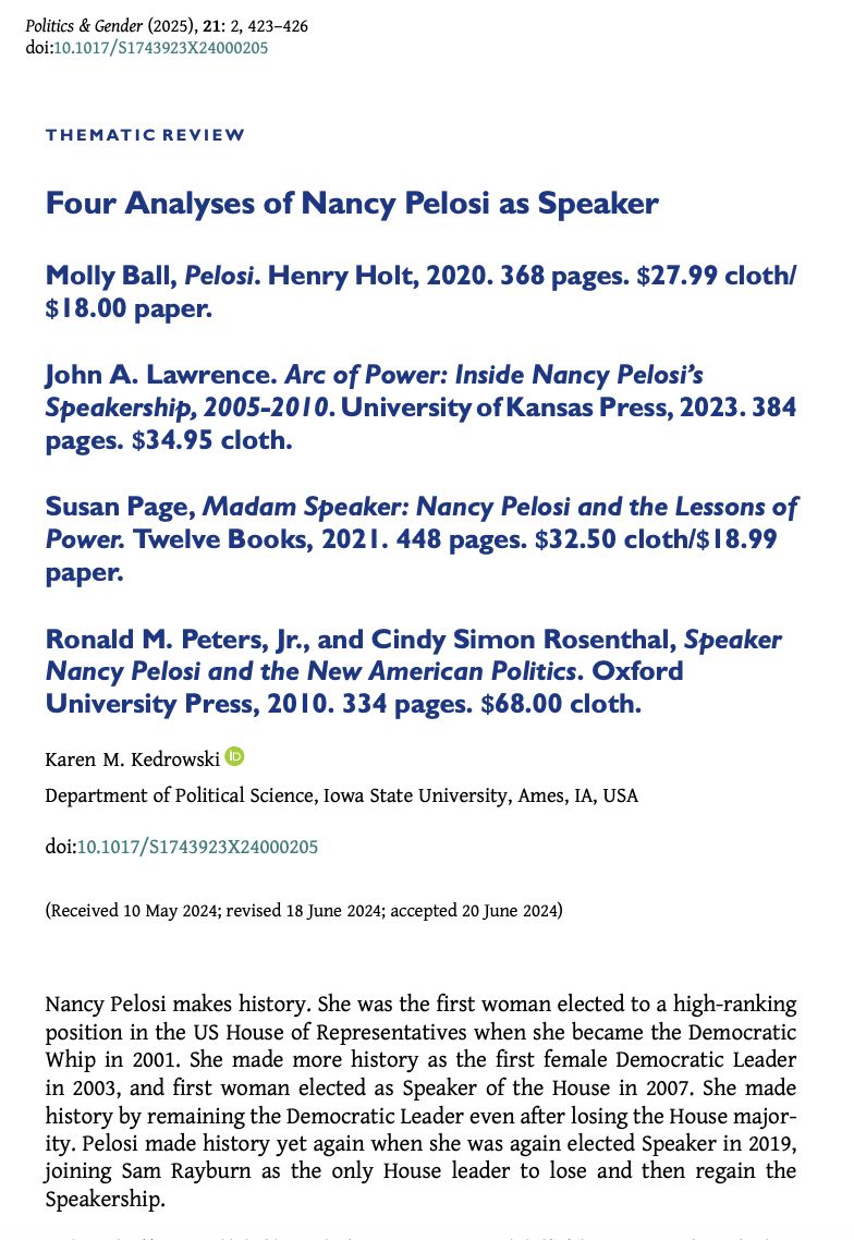 PoliticsGenderJ's tweet image. 📢 New #PAG21 Thematic Review 📚
@KarenKedrowski reviews four book on Nancy Pelosi's leadership from @mollyesque, @JohnALawrenceDC, @SusanPage and Ronald Peters & Cindy Rosenthal.
buff.ly/WlGGBvB