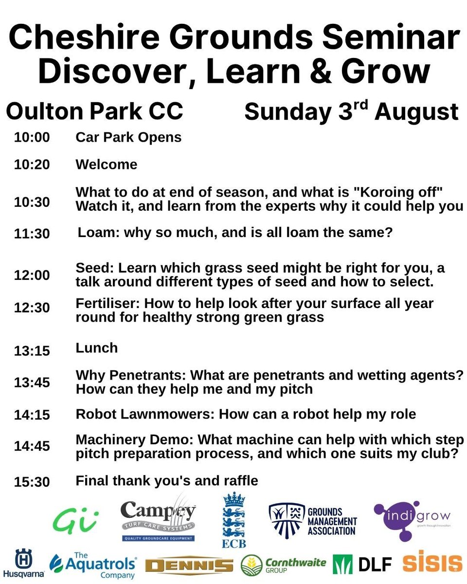 CheshireCB's tweet image. 🌾 Experts Confirmed!
Campey's - "Koroing off"
Andy Mackay (ECB ) - end-of-season reno
Green Infrastructure - all things loam
indigrow, DLF & Aquatrols - Fertiliser, seed & wetting
Husqvarna & Dennis, SiSIS - Equip & tech walkthroughs
Sign up: booking.ecb.co.uk/gyr47Z