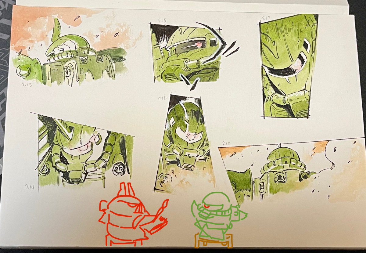 Echo_d09's tweet image. Practicing water color  and painting Zaku by copying the Gunfam comic🪓