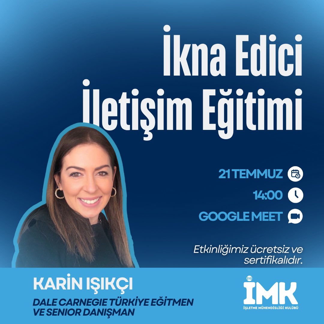 21 Temmuz Pazartesi saat 14.00’te, Karin Işıkçı ile “İkna Edici İletişim Eğitimi” gerçekleştirilecektir.

Eğitimimiz ücretsiz ve sertifikalıdır.🙌

Eğitimimize katılmak için formu doldurmayı unutmayın!! 
forms.gle/YrCXGJdUC1jUg9…