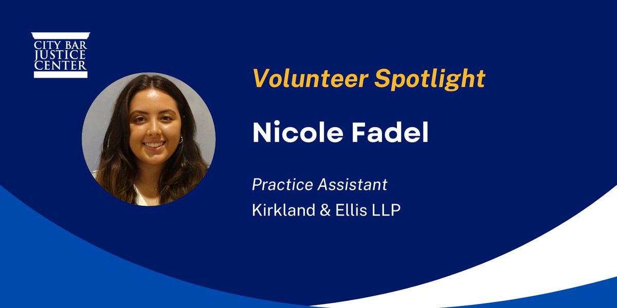 City Bar Justice Center (@justicectrnews) on Twitter photo Meet Nicole Fadel, a practice assistant at <a href="/Kirkland_Ellis/">Kirkland & Ellis</a>. Nicole provides critical translation services for our Consumer Bankruptcy & Immigrant Justice projects.
Learn more about her experience in the latest Volunteer Spotlight ⭐: citybarjusticecenter.org/news/volunteer… Meet Nicole Fadel, a practice assistant at <a href="/Kirkland_Ellis/">Kirkland & Ellis</a>. Nicole provides critical translation services for our Consumer Bankruptcy & Immigrant Justice projects.
Learn more about her experience in the latest Volunteer Spotlight ⭐: citybarjusticecenter.org/news/volunteer…
