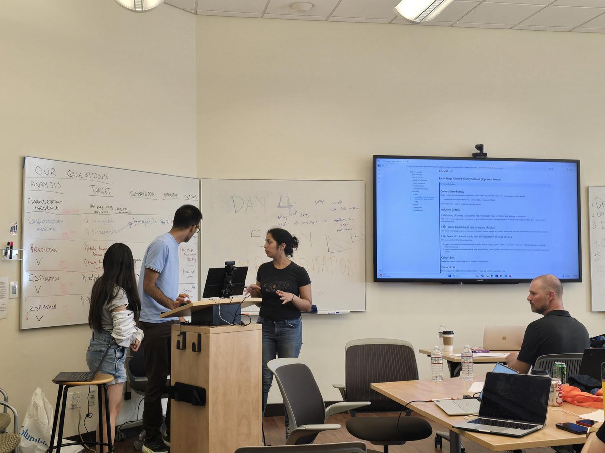 ColumbiaDBMI's tweet image. The @OHDSI Summer School at DBMI wraps up today, and teams will work on study execution after presenting  protocols yesterday. Exciting to see topics around prostatectomy, GLP1, Chronic Kidney Disease prediction and HIV. So many research possibilities through collaboration!