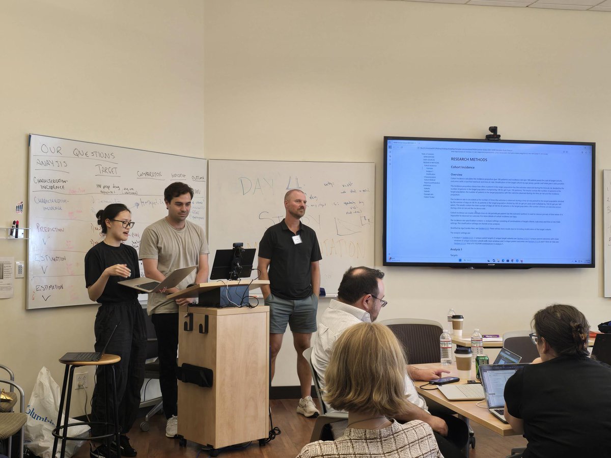 ColumbiaDBMI's tweet image. The @OHDSI Summer School at DBMI wraps up today, and teams will work on study execution after presenting  protocols yesterday. Exciting to see topics around prostatectomy, GLP1, Chronic Kidney Disease prediction and HIV. So many research possibilities through collaboration!