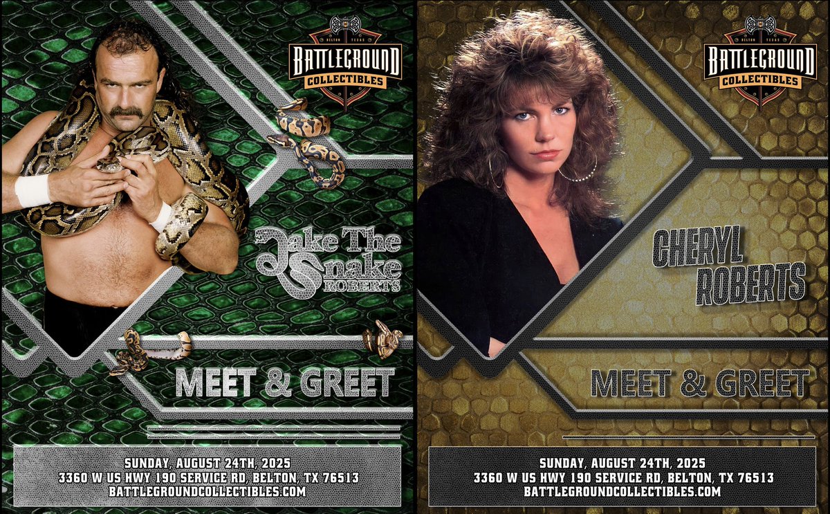 BattlegroundTex's tweet image. Next up! August 24th from 1-4pm, @JakeSnakeDDT & Cheryl Roberts will be at Battleground Collectibles for an in-store meet & greet! Tix on sale NOW at Battlegroundcollectibles.com