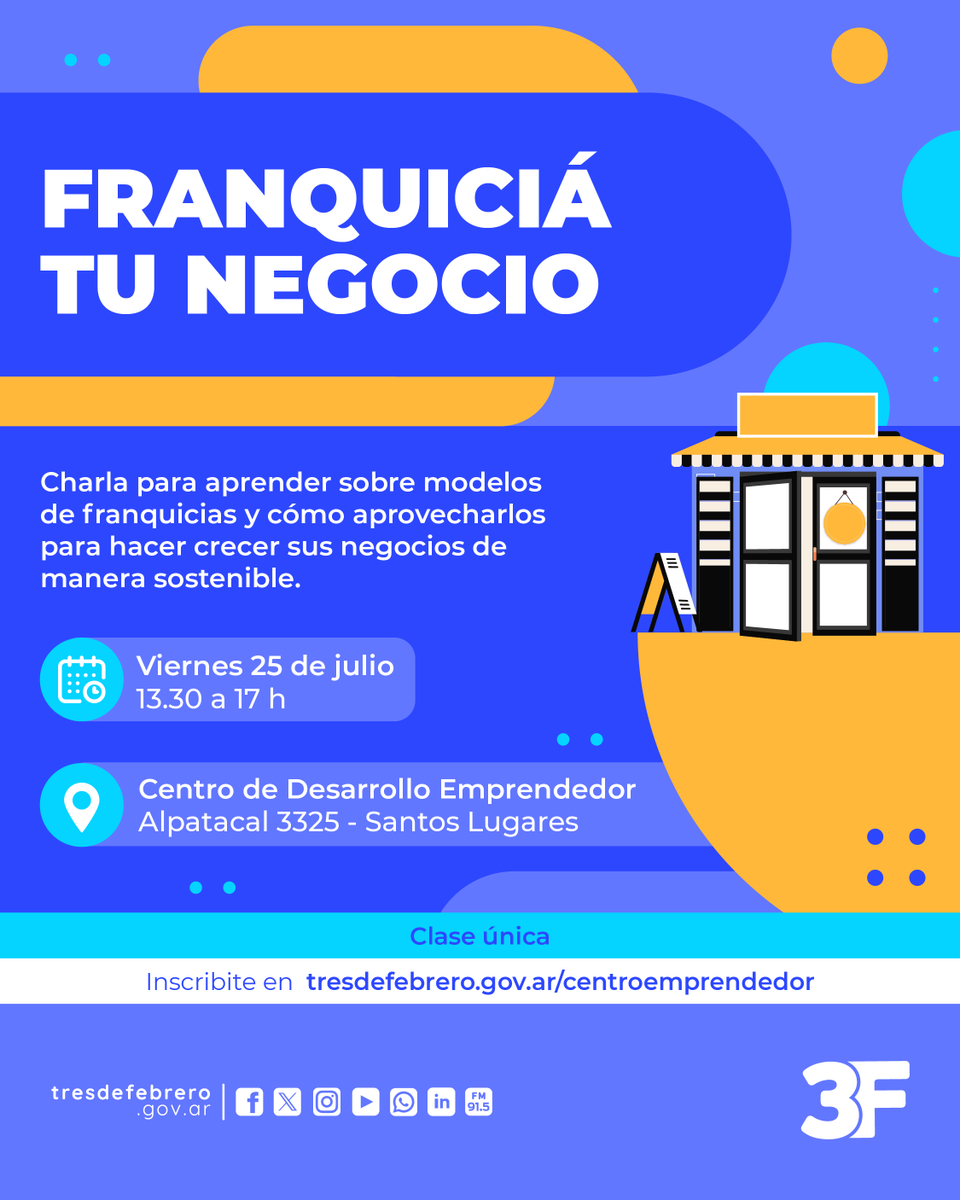 Flavia_typ's tweet image. ¿Querés escalar tu negocio con el modelo de franquicias? 💼
Sumate a esta capacitación única y aprendé cómo hacerlo de forma sostenible - viernes 25/7, 13:30
Alpatacal 3325, Santos Lugares
tresdefebrero.gov.ar/centroemprende…
#Franquicias #PYMES #Emprendedores
@3framos @HernanGiaccio