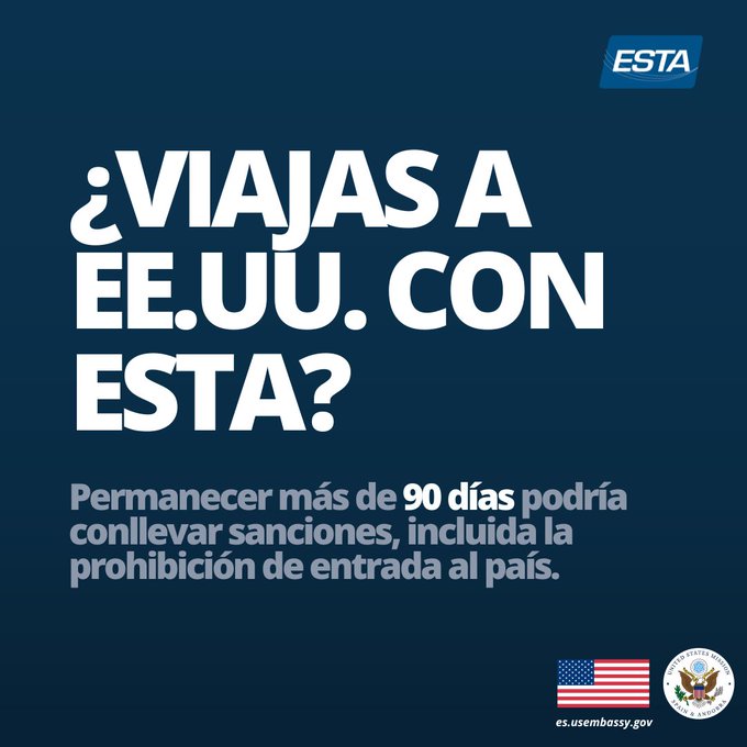 USembassyMadrid's tweet image. 📢El Programa de Exención de visado (VWP) permite viajar sin visado solicitando una autorización ESTA a ciudadanos que vayan a EE.UU. por motivos de negocio o turismo para estancias de máximo 90 días. No está permitido sobrepasar ese tiempo, porque:
🔹 Puedes ser sancionado.
🔹…