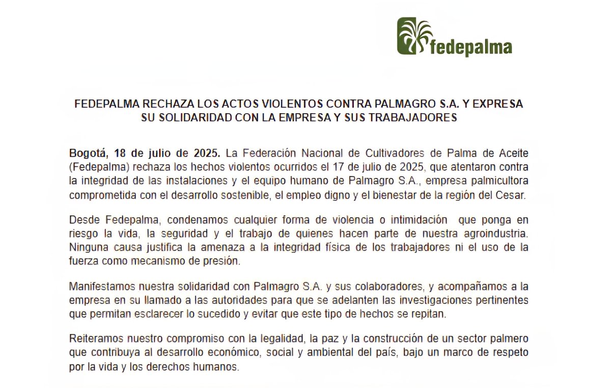 [Comunicado] Fedepalma rechaza los actos violentos contra <a href="/Palmagro_SA/">Palmagro S.A.</a> y expresa su solidaridad con la empresa y sus trabajadores.

La violencia nunca será el camino.