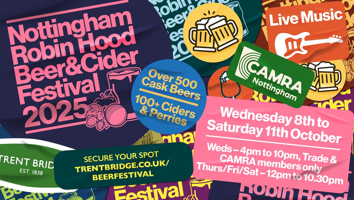 Updated &amp; corrected #NRHBCF25 poster. 
Weds 8th Oct open 4pm (16.00) &gt; 10pm (22.00). 
NB: Trade invite &amp; valid card-carrying CAMRA members *only*. 🍻
Open to public: Thurs 9th Oct / Fri 10th Oct / Sat 11th Oct: 12 noon &gt; 10.30pm (22.30) 🍻
Please read: trentbridge.co.uk/events/beer-fe…