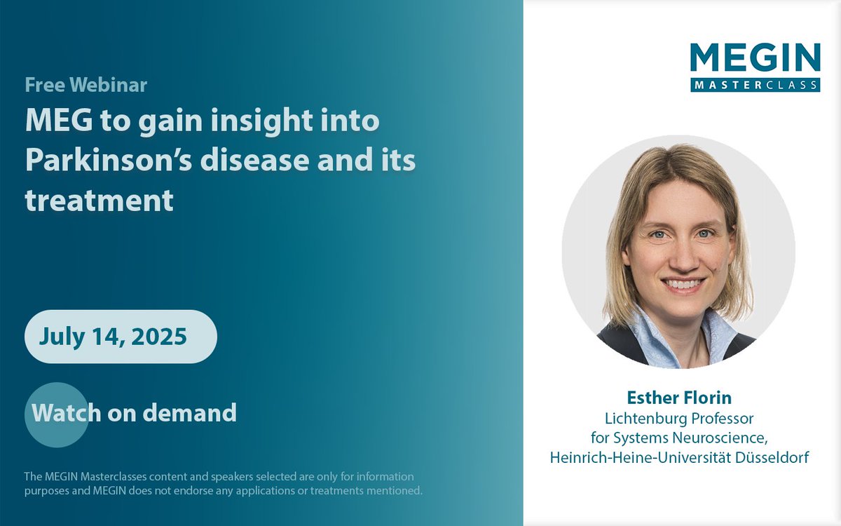 meetmegin's tweet image. 🎥You can now watch our July Masterclass on-demand

&quot;MEG to gain insight into Parkinson’s disease and its treatment,&quot; presented by Esther Florin (PhD) - Lichtenberg Professor for Systems Neuroscience, Heinrich-Heine University, Düsseldorf.

💫 Watch now: 
megin.com/2025/06/megin-…