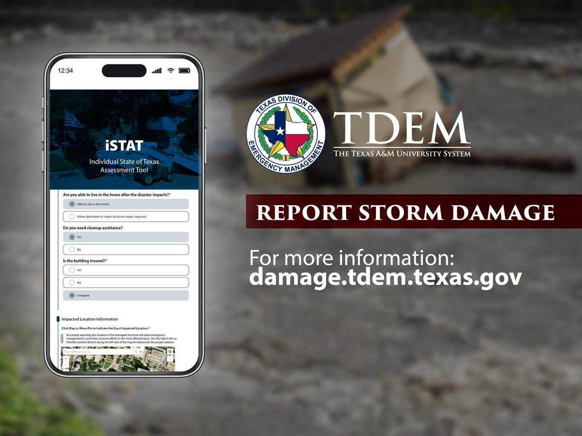 TDEM's tweet image. An important tool in the flood recovery process is reporting your damage.
Submit an online damage assessment of your property to damage.tdem.texas.gov
This points officials to damaged areas and helps determine TX’s eligibility for various forms of federal disaster assistance.