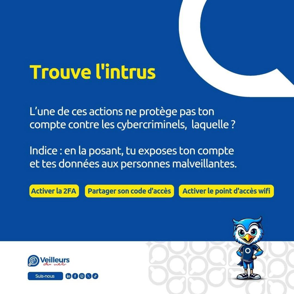 veilleursduweb's tweet image. Activer l’authentification à double facteur, c&apos;est ajouter une couche de sécurité supplémentaire à ton compte.

Pense à renforcer ta sécurité en ligne dès aujourd’hui.

L’une de ces actions ne protège pas ton compte contre les cybercriminels,  laquelle ?

Analyse et trouve…