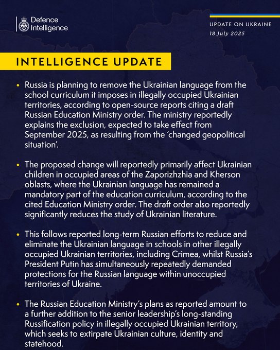 Russia is planning to remove the Ukrainian language from the school curriculum it imposes in illegally occupied Ukrainian territories, according to open-source reports citing a draft Russian Education Ministry order. The ministry reportedly explains the exclusion, expected to take effect from September 2025, as resulting from the ‘changed geopolitical situation’.   The proposed change will reportedly primarily affect Ukrainian children in occupied areas of the Zaporizhzhia and Kherson oblasts, where the Ukrainian language has remained a mandatory part of the education curriculum, according to the cited Education Ministry order. The draft order also reportedly significantly reduces the study of Ukrainian literature.