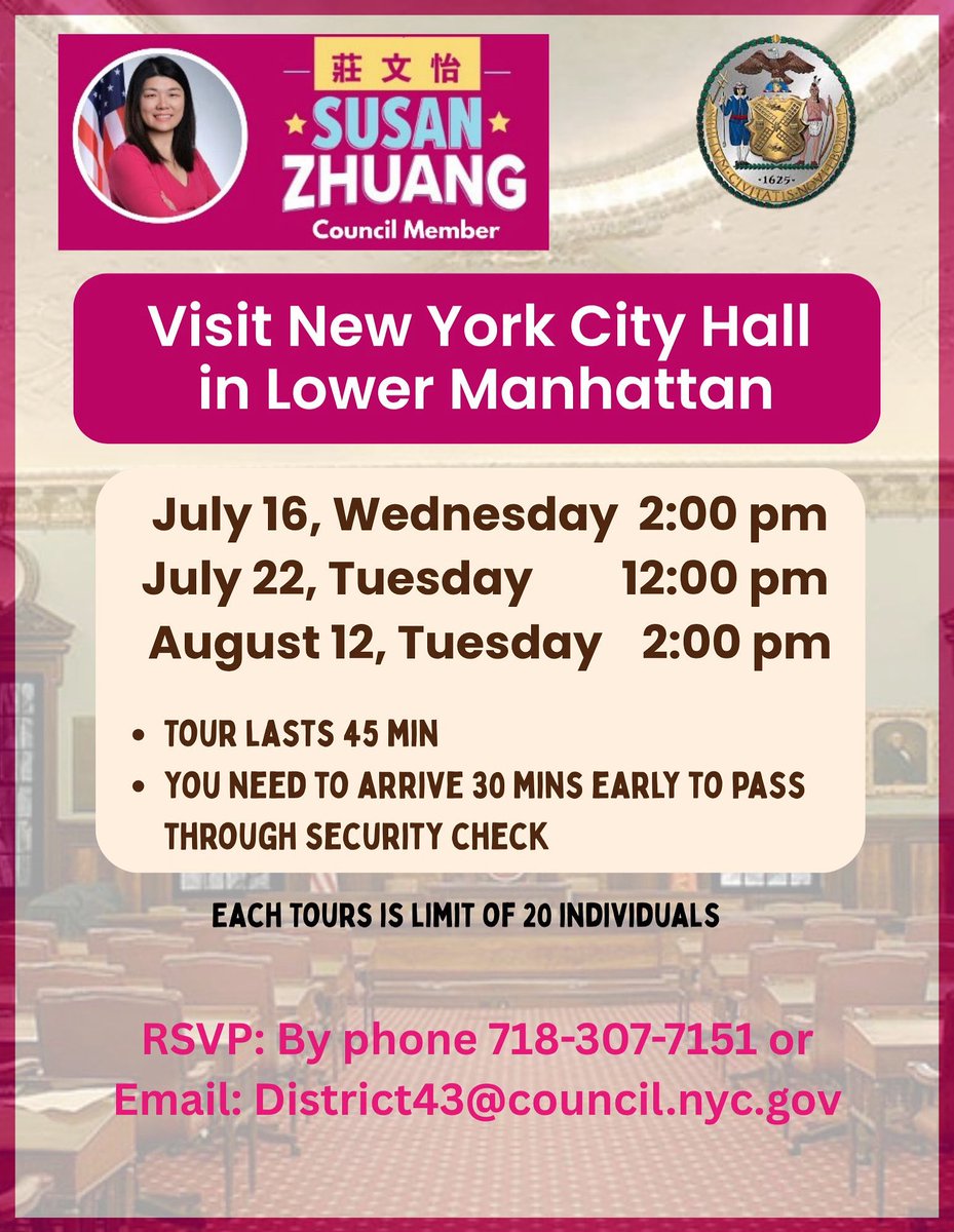 CMSusanZhuang's tweet image. We had our first City Hall Tour this summer. Our young kids spent a warm summer day learning all about local government ❤️
Swipe to the end for our next tour dates!