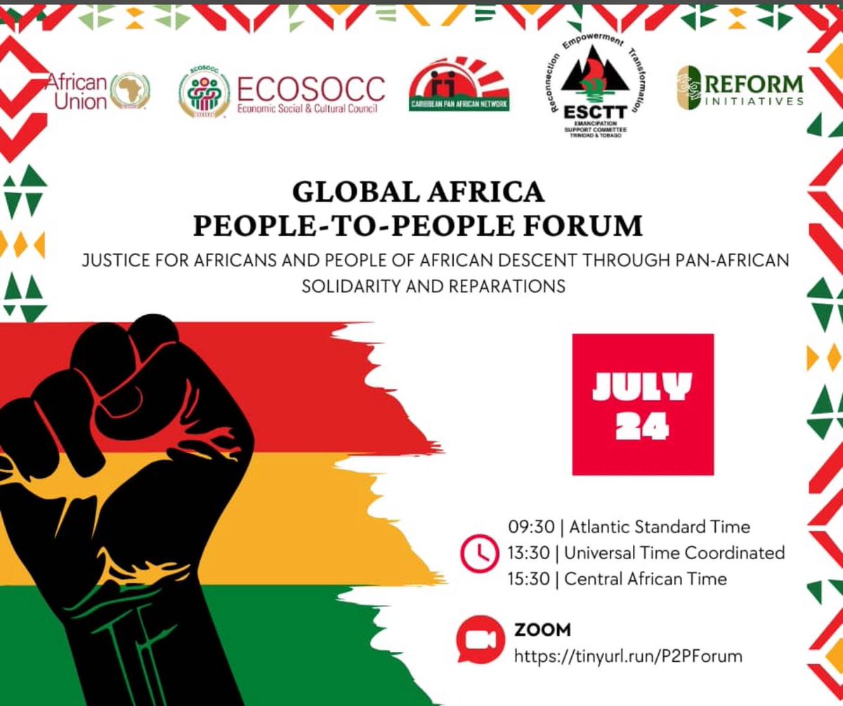 Join the Global Africa People-to-People Forum on July 24! Unite for reparations, equity, and Pan-African solidarity.  

📅 July 24, 2025 | 🕒 09:30 AST | 13:30 UTC | 15:30 CAT  
📍 Zoom | Register: tinyurl.run/P2PForum