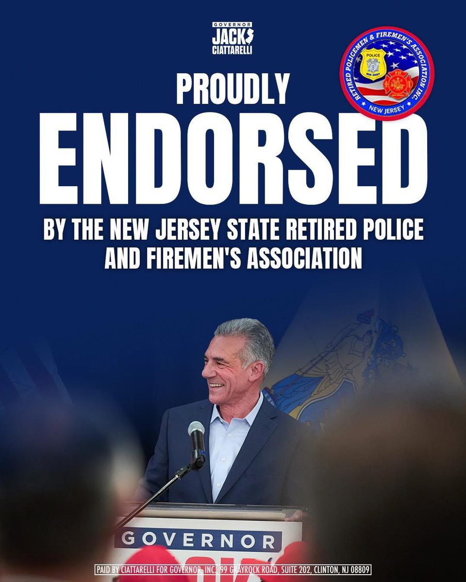 Jack4NJ's tweet image. 🚨Endorsement Alert🚨
Thank you to the brave men & women of The New Jersey State Retired Police and Firemen's Association for their support!
As Governor, I’ll have your back. We’ll restore the COLA you deserve, make retirement income tax free, and stand with active duty law…