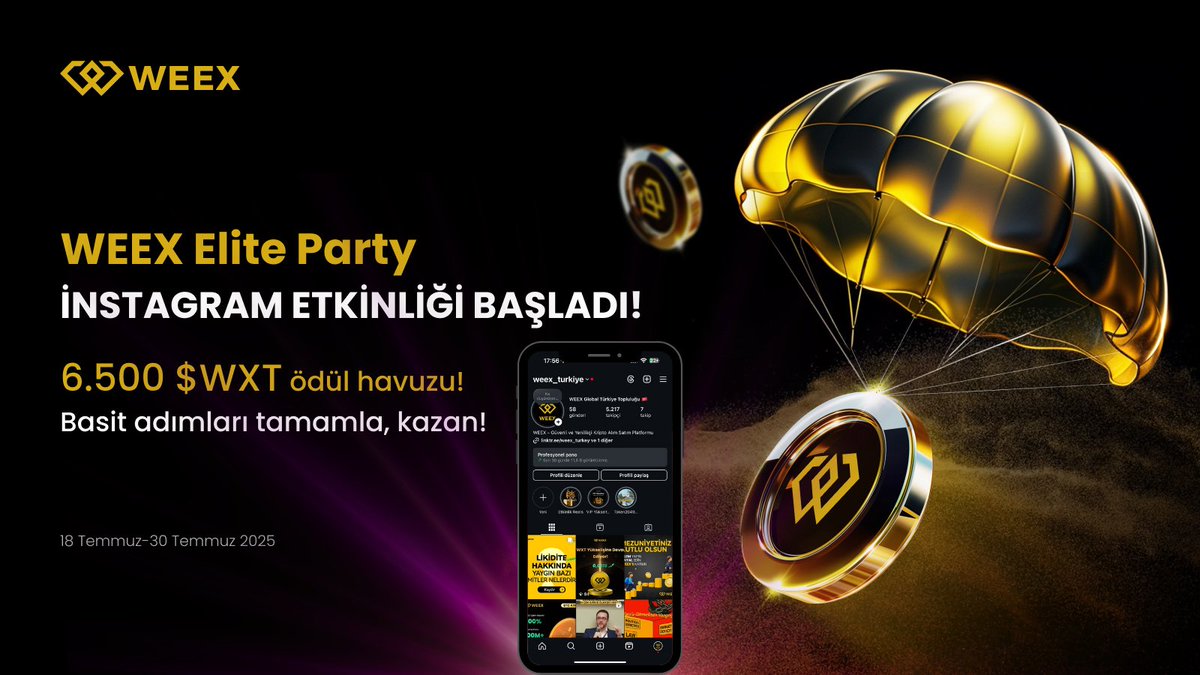 🎉 WEEX Elite Party’e Özel Ödül Zamanı!

💸 Toplam 200$ değerinde 6.500 $WXT ödül havuzu sizi bekliyor!

Katılmak için:
1️⃣ instagram.com/weex_turkiye/ hesabını takip et
2️⃣ Son Reels videomuzu beğen + 2 arkadaşını etiketle
3️⃣ Bu tweet’i beğen ve RT’le

⏳ Son Katılım: 30 Temmuz
🏆 10