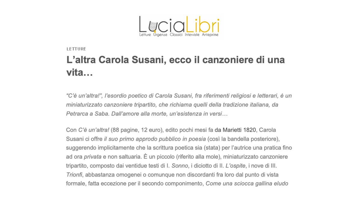Marietti1820 (@mariettieditore) on Twitter photo Domenico Conoscenti su <a href="/LuciaLibri/">LuciaLibri</a> dedica un bellissimo approfondimento all’esordio poetico di Carola Susani con il suo “C’è un’altra!”
🌹bit.ly/43SFHKM Domenico Conoscenti su <a href="/LuciaLibri/">LuciaLibri</a> dedica un bellissimo approfondimento all’esordio poetico di Carola Susani con il suo “C’è un’altra!”
🌹bit.ly/43SFHKM