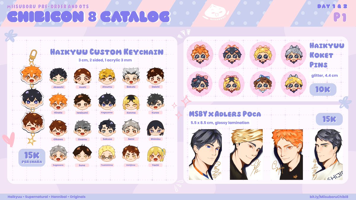 miisuboru's tweet image. [❤️ &amp;amp; 🔗 appreciated]

✨ Miisuboru&apos;s Chibicon 8 Jkt ✨
Quick pre-order &amp;amp; catalogue
📅 PO: 18–20 Jul 2025
📍 Booth P1
🌹 Haikyuu, Cahol, Supernatural, Hannibal, Bukor (originals)
🔗 in reply!

#chibicon8 #chibicon8catalogue