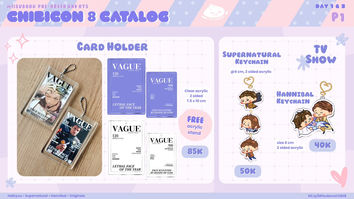 miisuboru's tweet image. [❤️ &amp;amp; 🔗 appreciated]

✨ Miisuboru&apos;s Chibicon 8 Jkt ✨
Quick pre-order &amp;amp; catalogue
📅 PO: 18–20 Jul 2025
📍 Booth P1
🌹 Haikyuu, Cahol, Supernatural, Hannibal, Bukor (originals)
🔗 in reply!

#chibicon8 #chibicon8catalogue