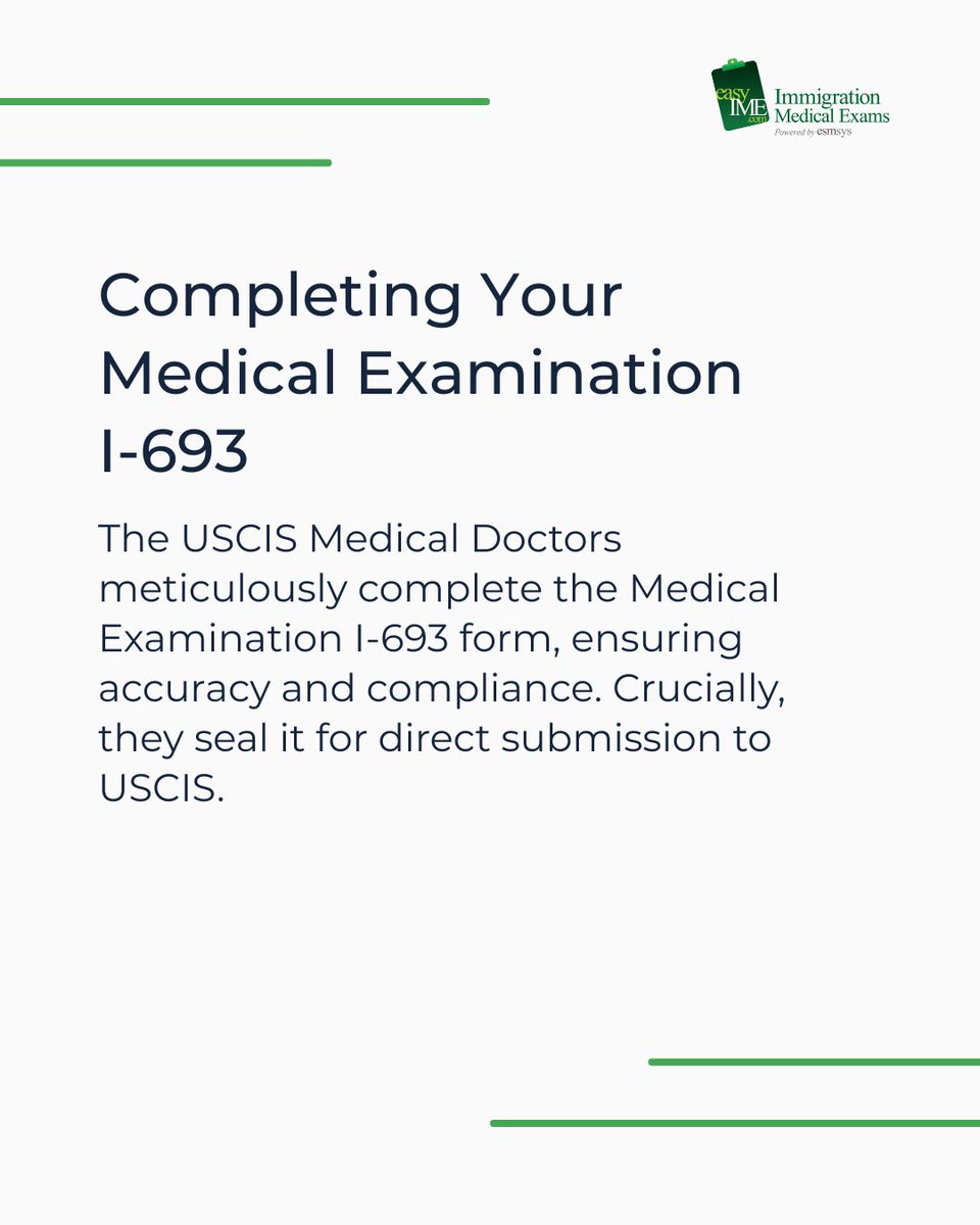 easyIME's tweet image. Ever wondered what actually happens after your Immigration Medical Examination? 🤔
Connect with trusted Green Card Physicians through easyIME!
#USCISCivilSurgeon #ImmigrationMedical #I693 #GreenCardDoctor #MedicalExam #easyIME #BehindTheScenes #PanelPhysicians