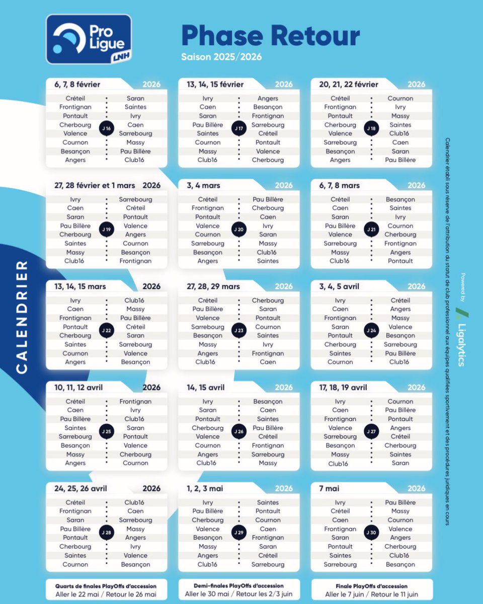 𝗖𝗔𝗟𝗘𝗡𝗗𝗥𝗜𝗘𝗥 𝗣𝗥𝗢𝗟𝗜𝗚𝗨𝗘 𝟮𝟬𝟮𝟱-𝟮𝟬𝟮𝟲 🗓️
Nos Jaune-et-Bleu connaissent désormais le programme de cette nouvelle saison. 💪

⚠️ À noter : la compétition se jouera, pour l’instant, à 15 clubs, avec une équipe exempte chaque journée.