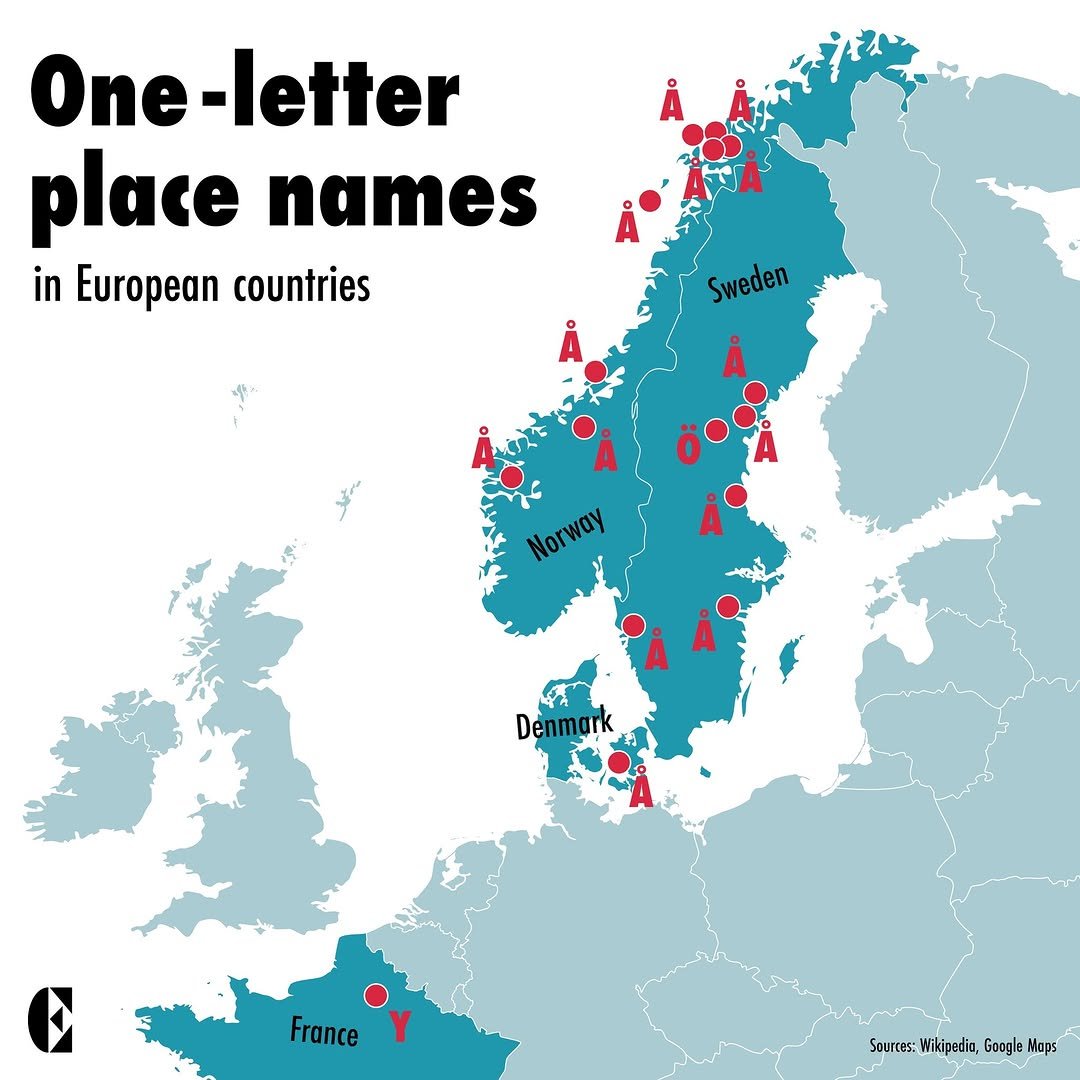 xruiztru's tweet image. Map shows locations in Europe whose names consist of just a single letter.