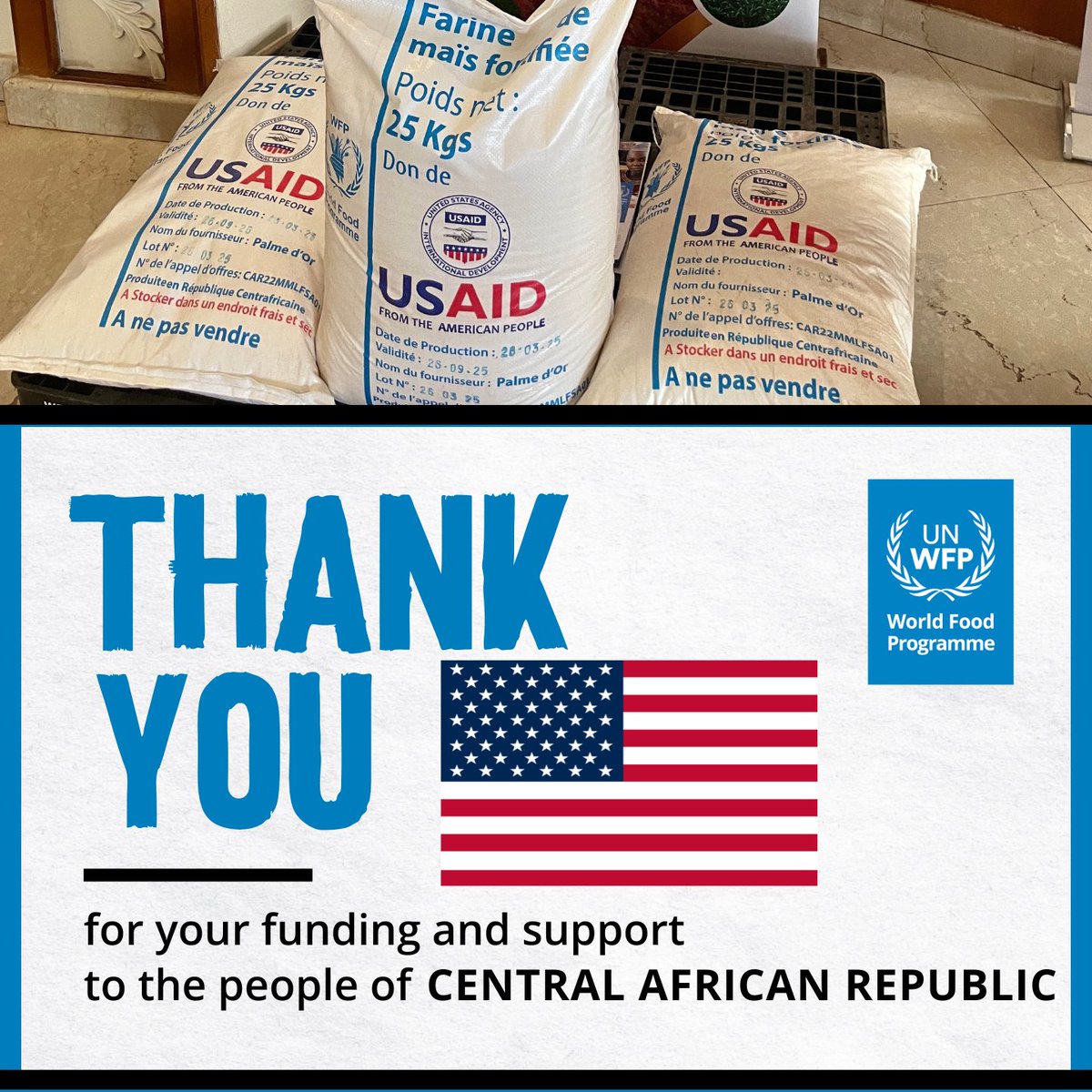 WFP_CAR_CD's tweet image. Aujourd’hui à Bangui, un exemple concret de solidarité ! 💪 Avec l’appui des #USA 🇺🇸, 100 tonnes de farine fortifiée ont été livrées pour les réfugiés. Merci au @WFP_CAR @UNHCR_CAR, à #PalmeDOr et au Gouvernement centrafricain pour cette réponse locale et durable. #USAenRCA