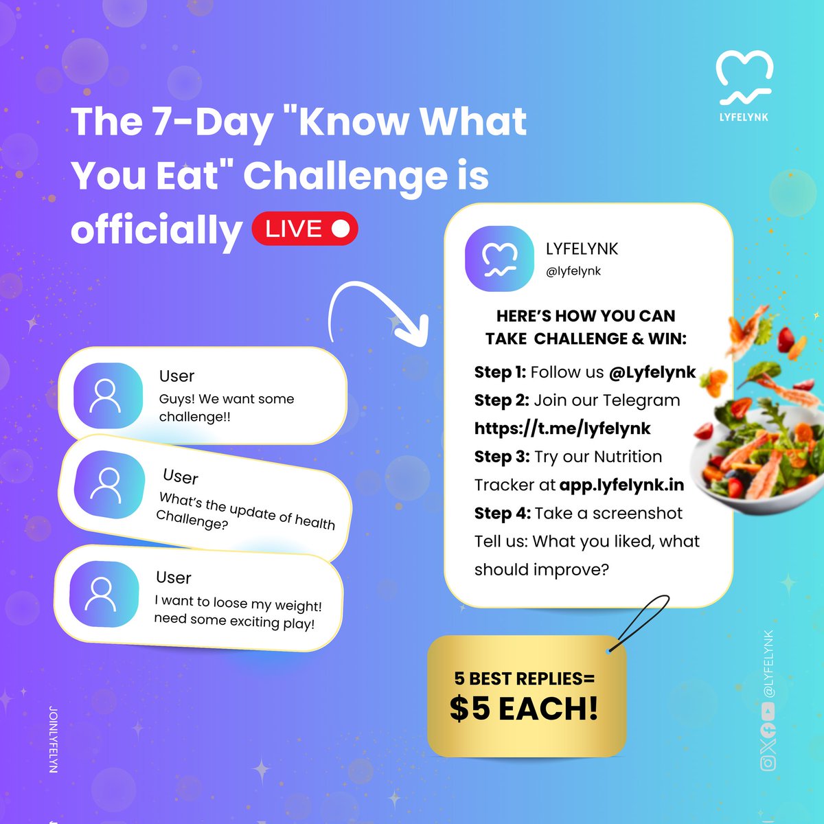 🚨BIG ANNOUNCEMENT🚨
The 7-Day "Know What You Eat" Challenge is officially LIVE!

This isn’t just about health — it’s about rewards, recognition &amp; real impact.

Here’s how YOU can win:
🔹 Step 1: Follow us <a href="/Lyfelynk/">Lyfelynk</a>
🔹 Step 2: Join our Telegram 👉 t.me/lyfelynk
🔹 Step