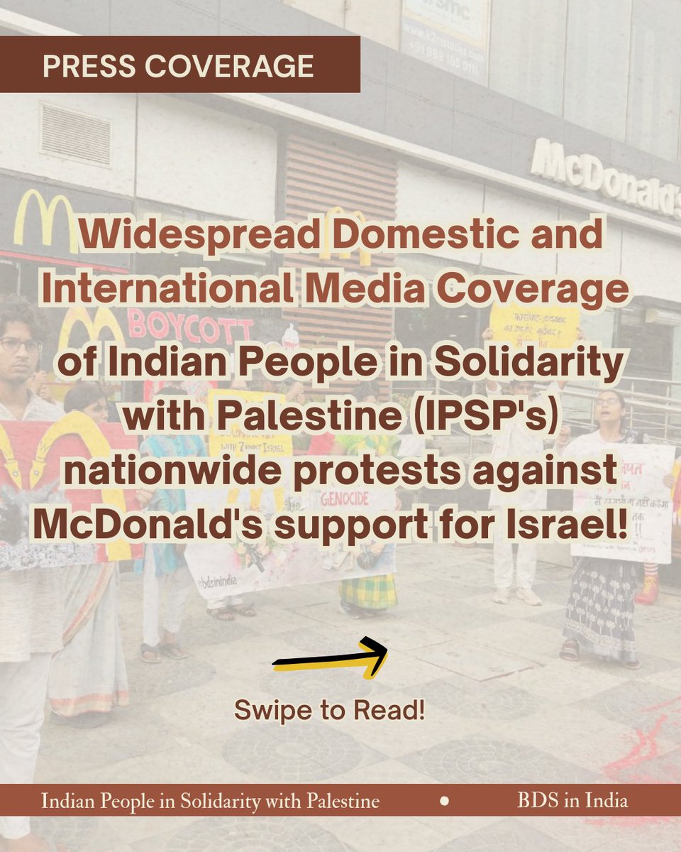 BDS_in_India's tweet image. Indian People in Solidarity with Palestine - IPSP's nationwide protests against McDonald's support for Israel was widely covered in the domestic & international press and progressive online spaces!
#presscoverage #media #freepalestine #indianswithpalestine #BDSinIndia