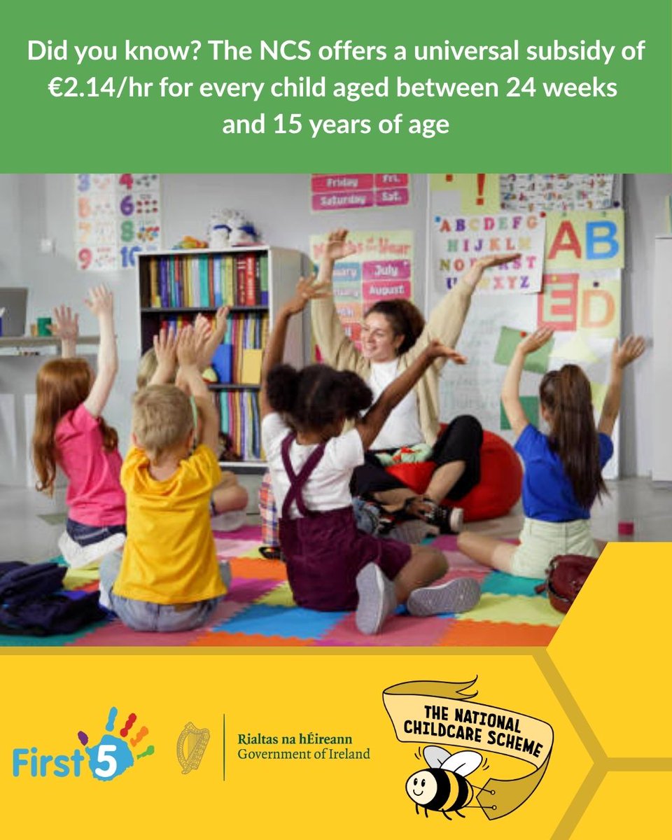Did you know? The #NCS offers a universal subsidy of €2.14/hr for every child aged between 24 weeks and 15 years of age. The subsidy is non-means tested and provides up to 45hrs/week! Find a local provider and calculate your award today! Visit ncs.gov.ie for more!