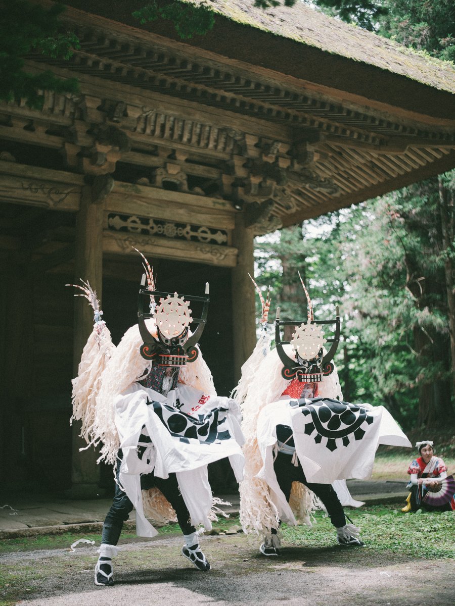 今日は遠野の早池峯神社例大祭でした。
写真は張山しし踊り。シンメトリーな踊りが美しい「門がかり」で神門をくぐって「向こう側」の世界に入った2頭のシシ。白い幕とカンナガラが木漏れ日で輝いて霊獣の佇まいでした。